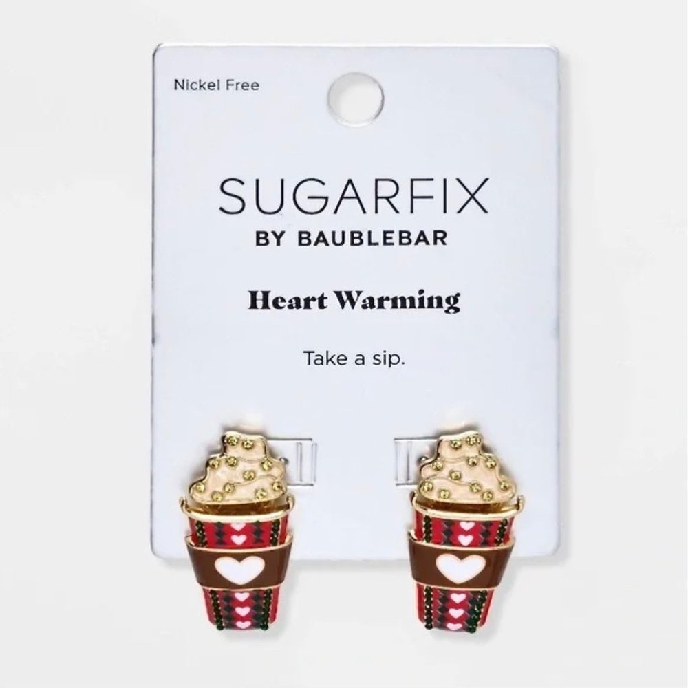 NWT Sugarfix BaubleBar Heart Warming Earrings Christmas Coffee Starbucks Red Cup